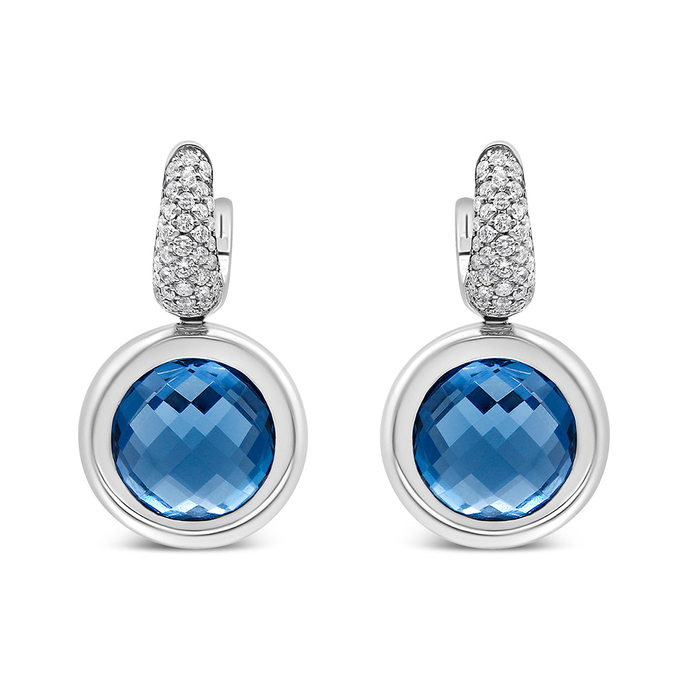 18K White Gold Bezel Set 11mm Blue Topaz and 1/2 Cttw Invisible Set Diamond Bale Dangle Earrings (F-G Color, VS1-VS2 Clarity) by Bids.com