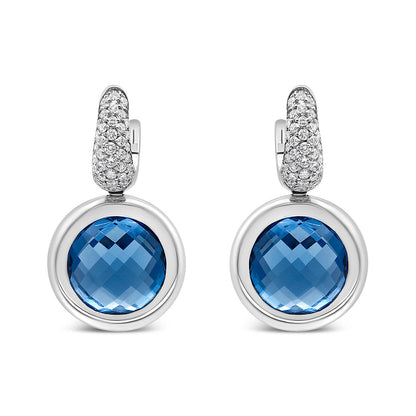 18K White Gold Bezel Set 11mm Blue Topaz and 1/2 Cttw Invisible Set Diamond Bale Dangle Earrings (F-G Color, VS1-VS2 Clarity) by Bids.com