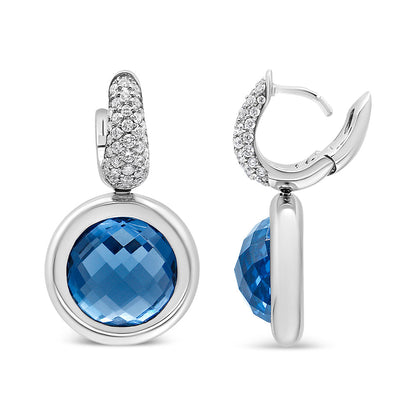 18K White Gold Bezel Set 11mm Blue Topaz and 1/2 Cttw Invisible Set Diamond Bale Dangle Earrings (F-G Color, VS1-VS2 Clarity) by Bids.com