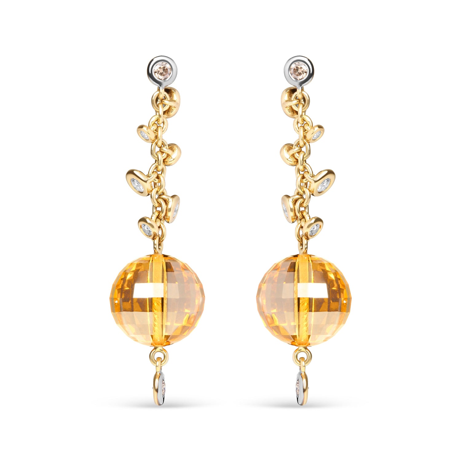 18K Yellow Gold 2/3 Cttw Round Bezel Diamond and 25mm Ball Shaped Yellow Citrine Gemstone Dangle Stud Earring (Brown and G-H Color, SI1-SI2 Clarity)