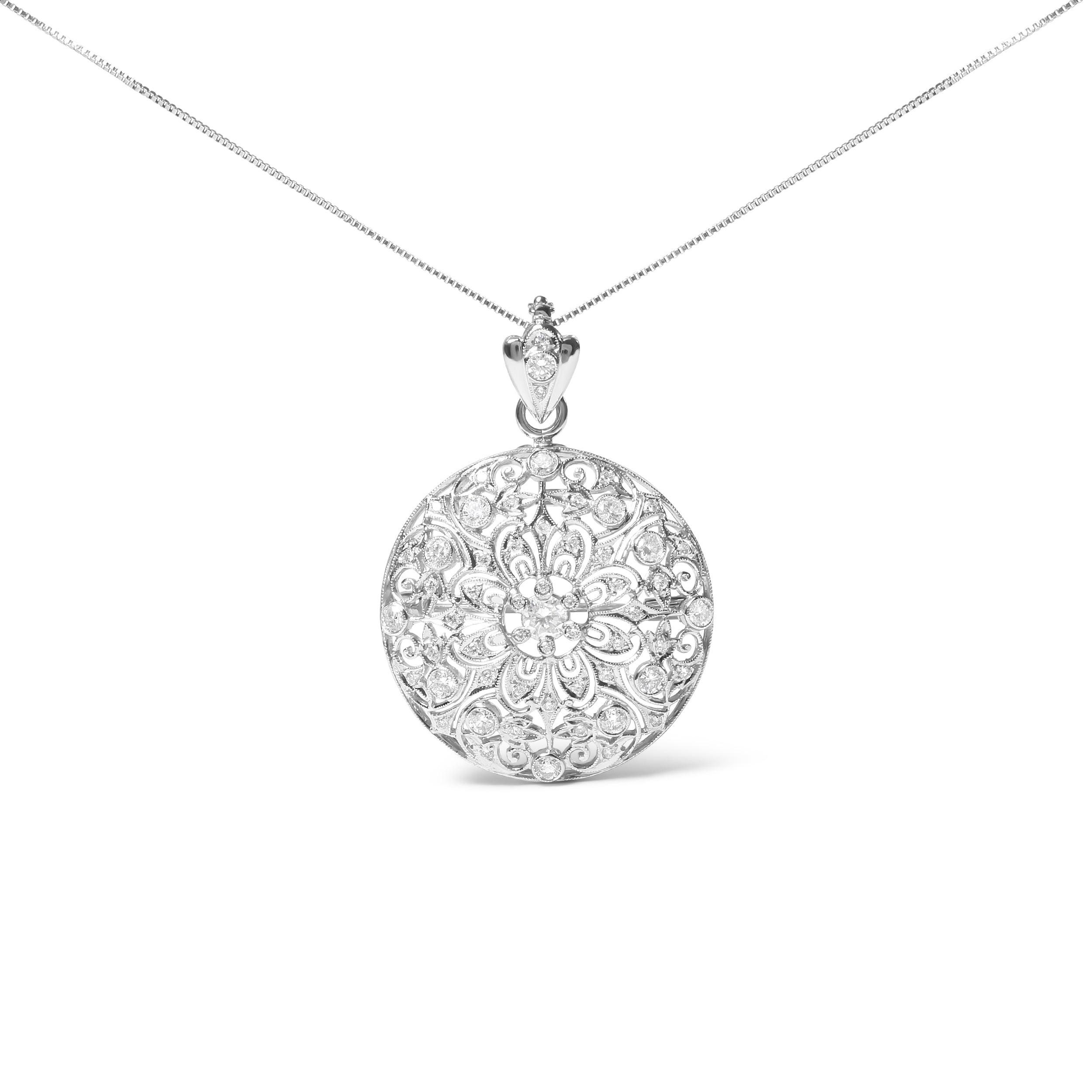 18K White Gold 1 5/6 Cttw Diamond Cluster Floral Filigree Brooch Pin and 18" Pendant Necklace (G-H Color, I1-I2 Clarity)  DestGlow