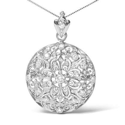 18K White Gold 1 5/6 Cttw Diamond Cluster Floral Filigree Brooch Pin and 18" Pendant Necklace (G-H Color, I1-I2 Clarity)  DestGlow