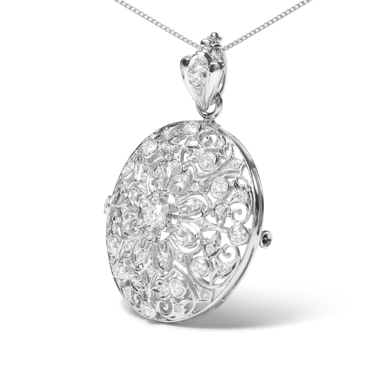 18K White Gold 1 5/6 Cttw Diamond Cluster Floral Filigree Brooch Pin and 18" Pendant Necklace (G-H Color, I1-I2 Clarity)  DestGlow