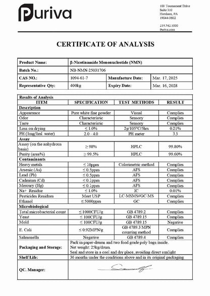 Pure NMN powder (Nicotinamide mononucleotide | β-NMN) NAD+ precursor, 1 Kg (2.2 pounds) Puriva Nutrition