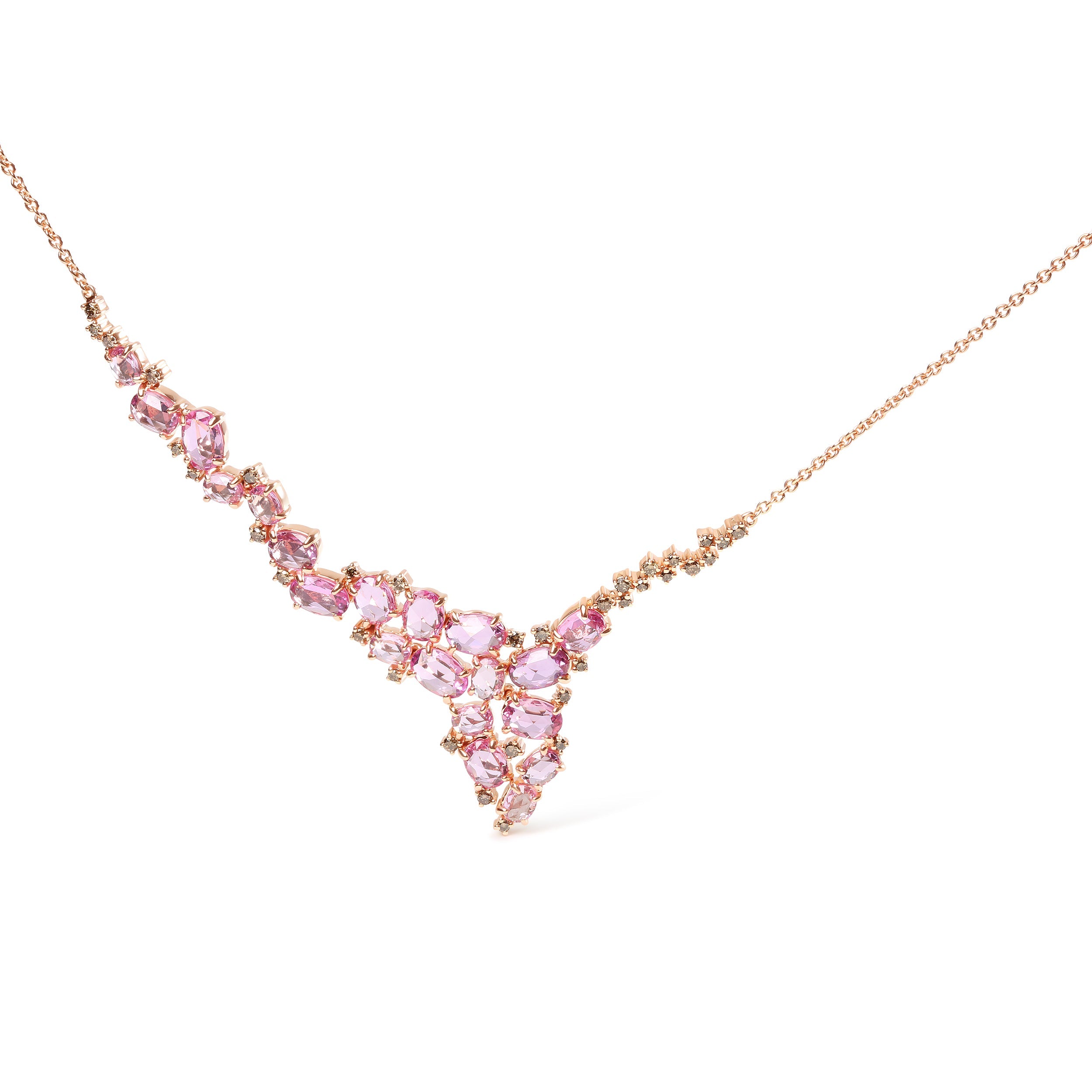 18K Rose Gold 1/2 Cttw Brown Diamond and Multi-Size Oval Pink Sapphire Cluster Cascade Statement Station Necklace (Brown Color, SI1-SI2 Clarity) - Adjustable up to 14" to 16" by Bids.com