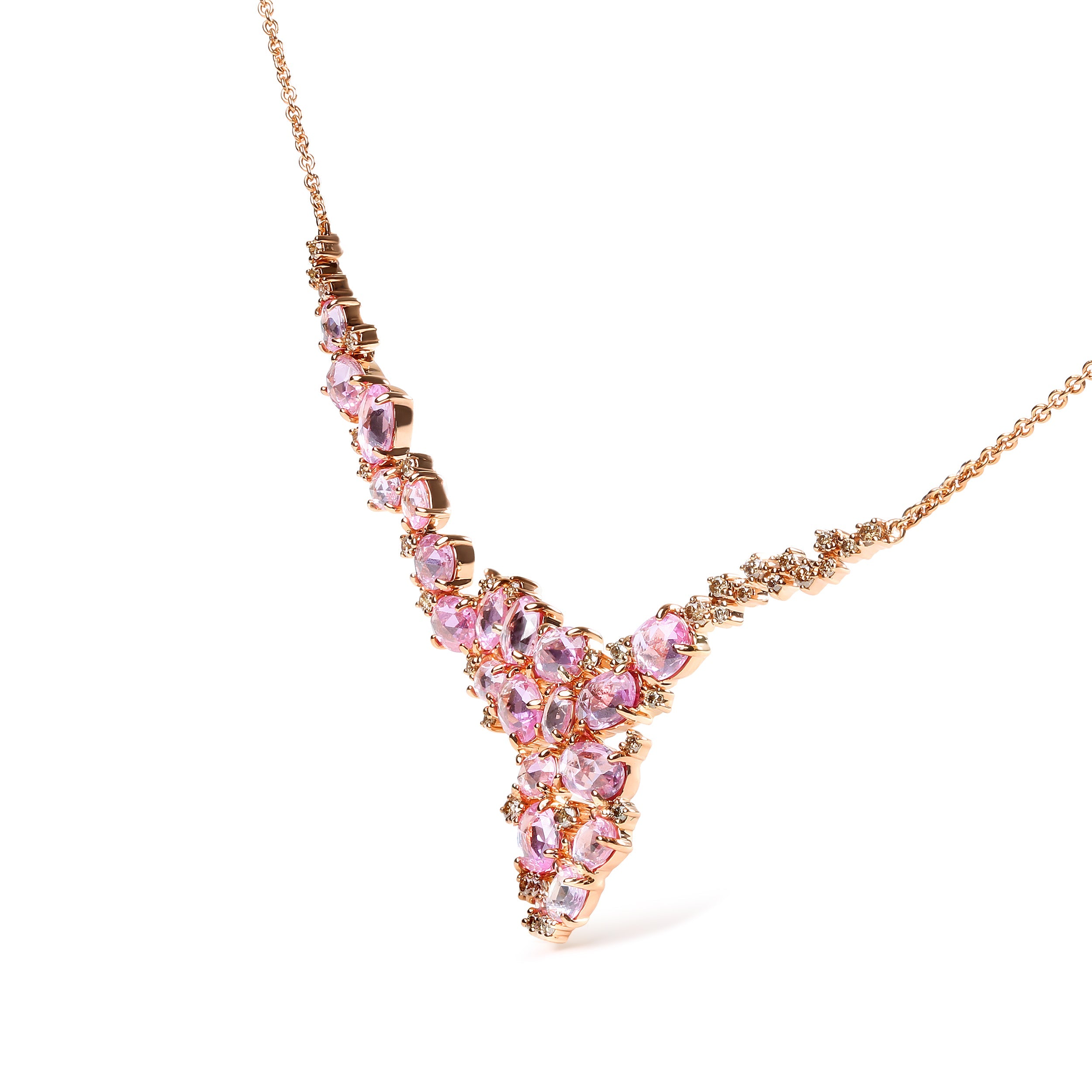 18K Rose Gold 1/2 Cttw Brown Diamond and Multi-Size Oval Pink Sapphire Cluster Cascade Statement Station Necklace (Brown Color, SI1-SI2 Clarity) - Adjustable up to 14" to 16" by Bids.com