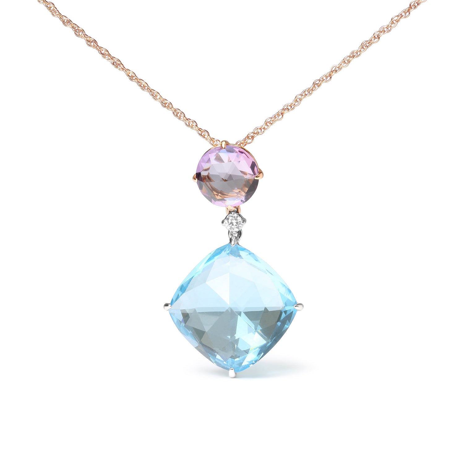 18K White and Rose Gold Round Diamond Accent and Round Rose De France Pink Amethyst and Cushion Cut Sky Blue Topaz Dangle Drop 18" Pendant Necklace (G-H Color, SI1-SI2 Clarity) by Bids.com