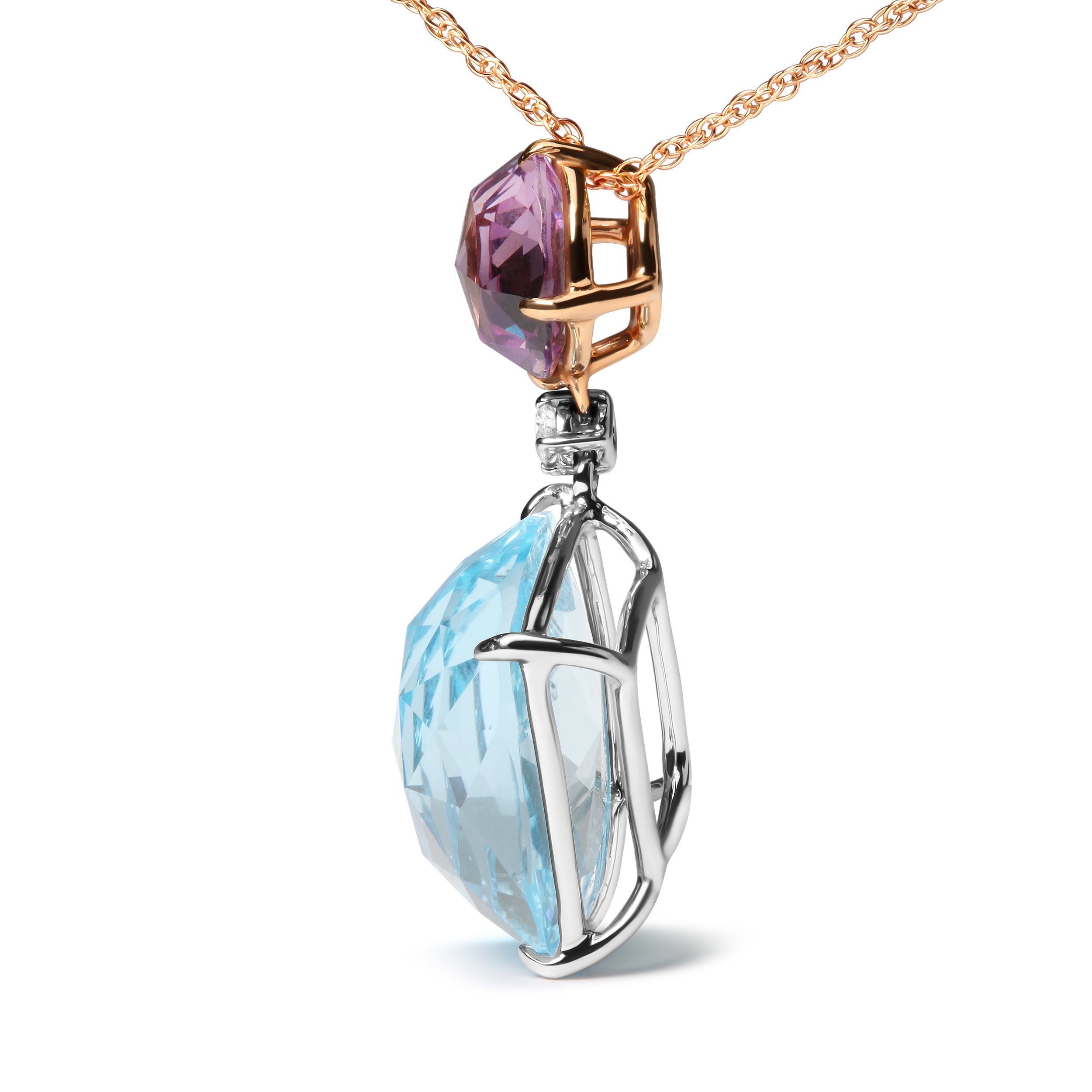 18K White and Rose Gold Round Diamond Accent and Round Rose De France Pink Amethyst and Cushion Cut Sky Blue Topaz Dangle Drop 18" Pendant Necklace (G-H Color, SI1-SI2 Clarity) by Bids.com