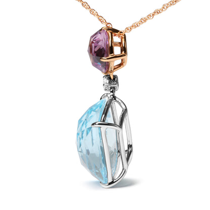 18K White and Rose Gold Round Diamond Accent and Round Rose De France Pink Amethyst and Cushion Cut Sky Blue Topaz Dangle Drop 18" Pendant Necklace (G-H Color, SI1-SI2 Clarity) by Bids.com