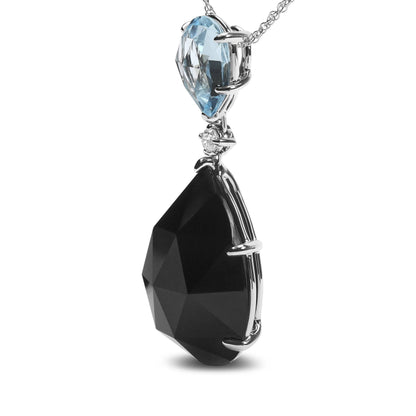 18K White Gold Diamond Accent and Pear Cut Sky Blue Topaz and Pear Cut Black Onyx Dangle Drop 18" Pendant Necklace (G-H Color, SI1-SI2 Clarity) - DestGlow