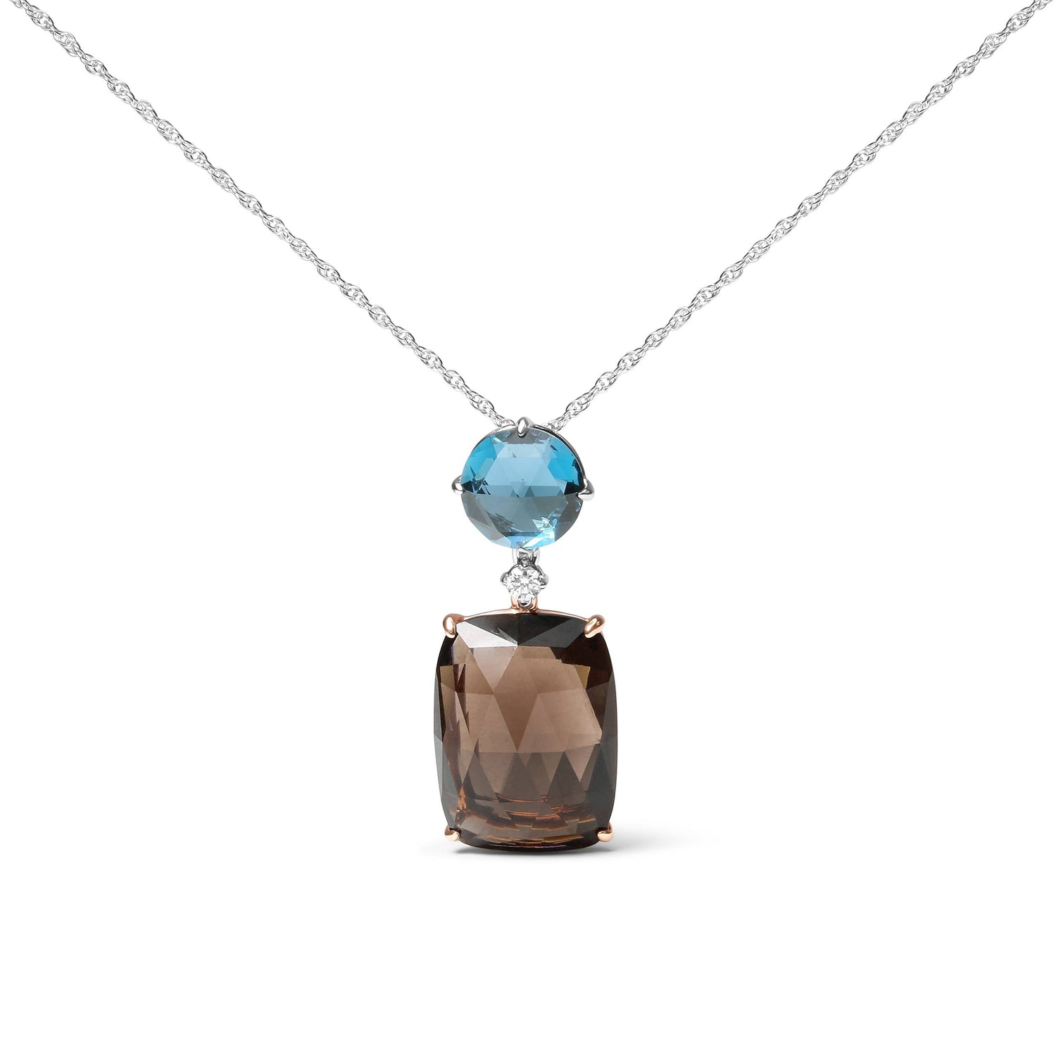 18K Rose and White Gold Diamond Accent and London Blue Topaz and Cushion Cut Smoky Quartz Gemstone Dangle Drop 18" Pendant Necklace (G-H Color, SI1-SI2 Clarity) by Bids.com