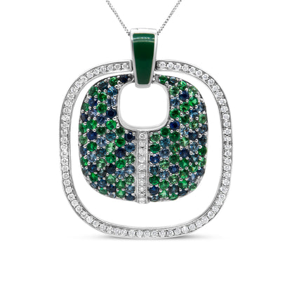 .925 Sterling Silver Green Enamel Pendant with 1/2 Cttw Diamond, Sapphire, and Tsavorite Openwork Statement 18" Pendant Necklace (F-G Color, VS1-VS2 Clarity) by Bids.com