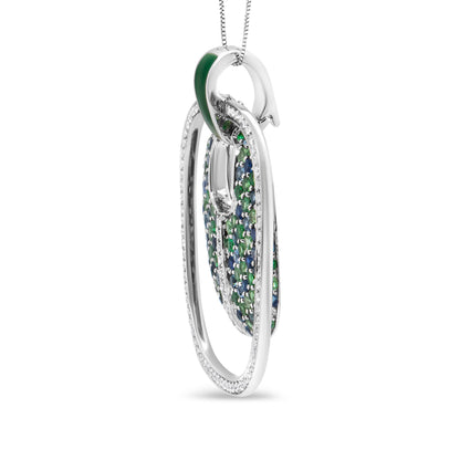 .925 Sterling Silver Green Enamel Pendant with 1/2 Cttw Diamond, Sapphire, and Tsavorite Openwork Statement 18" Pendant Necklace (F-G Color, VS1-VS2 Clarity) by Bids.com