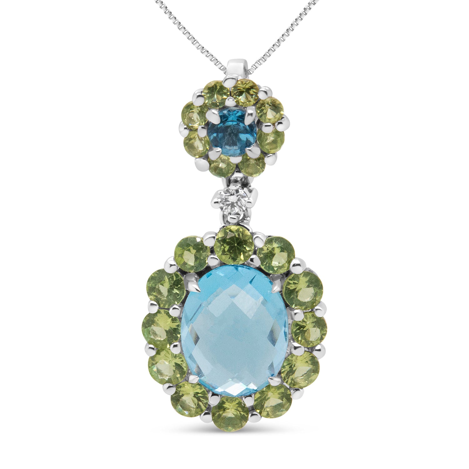 18k White Gold 0.05 Cttw Round Diamond and Blue Topaz and Green Peridot Gemstone Halo Drop 18" Pendant Necklace (F-G Color, VS1-VS2 Clarity) by Bids.com