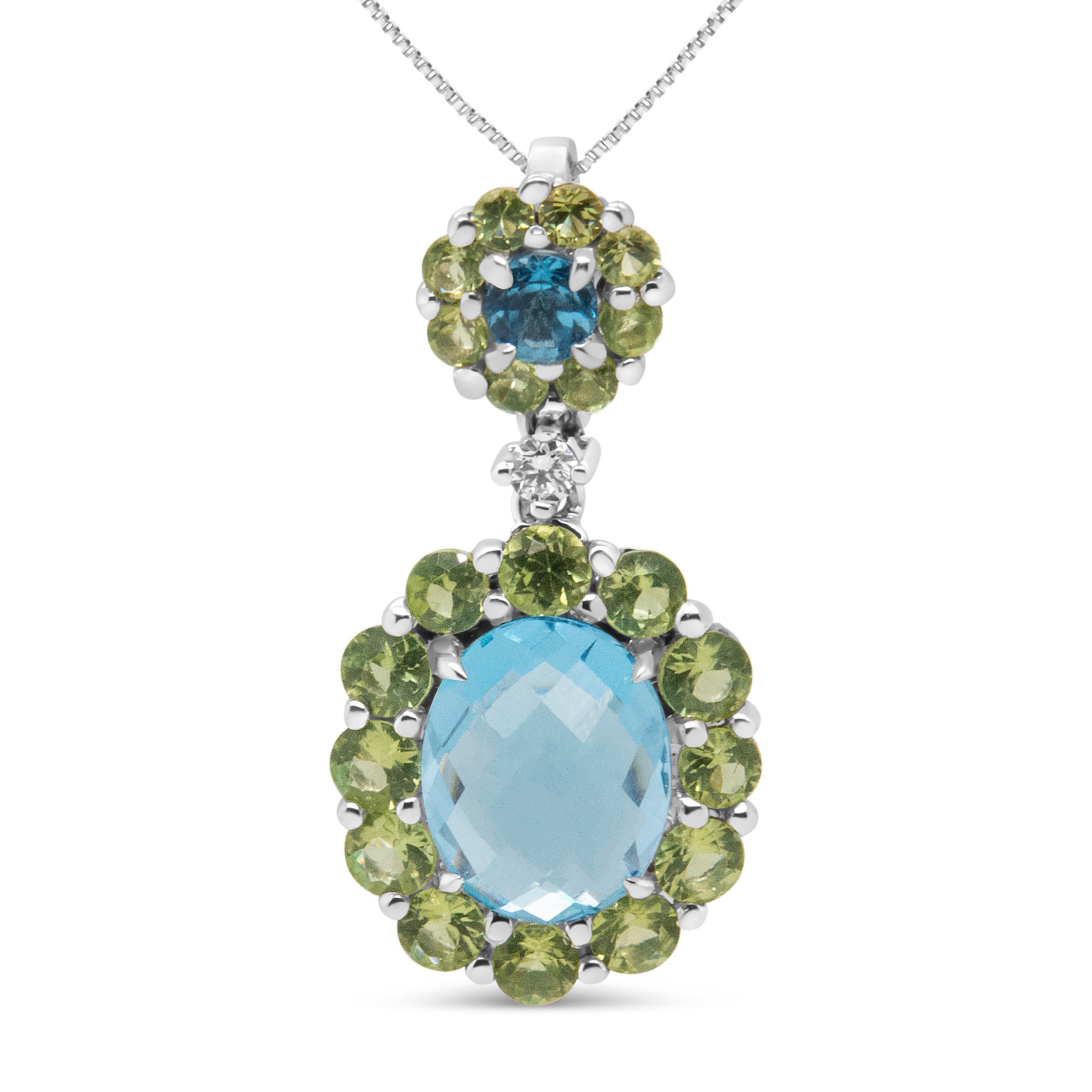 18k White Gold 0.05 Cttw Round Diamond and Blue Topaz and Green Peridot Gemstone Halo Drop 18" Pendant Necklace (F-G Color, VS1-VS2 Clarity) by Bids.com