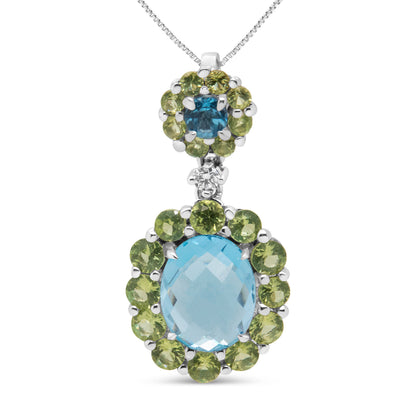 18k White Gold 0.05 Cttw Round Diamond and Blue Topaz and Green Peridot Gemstone Halo Drop 18" Pendant Necklace (F-G Color, VS1-VS2 Clarity) by Bids.com