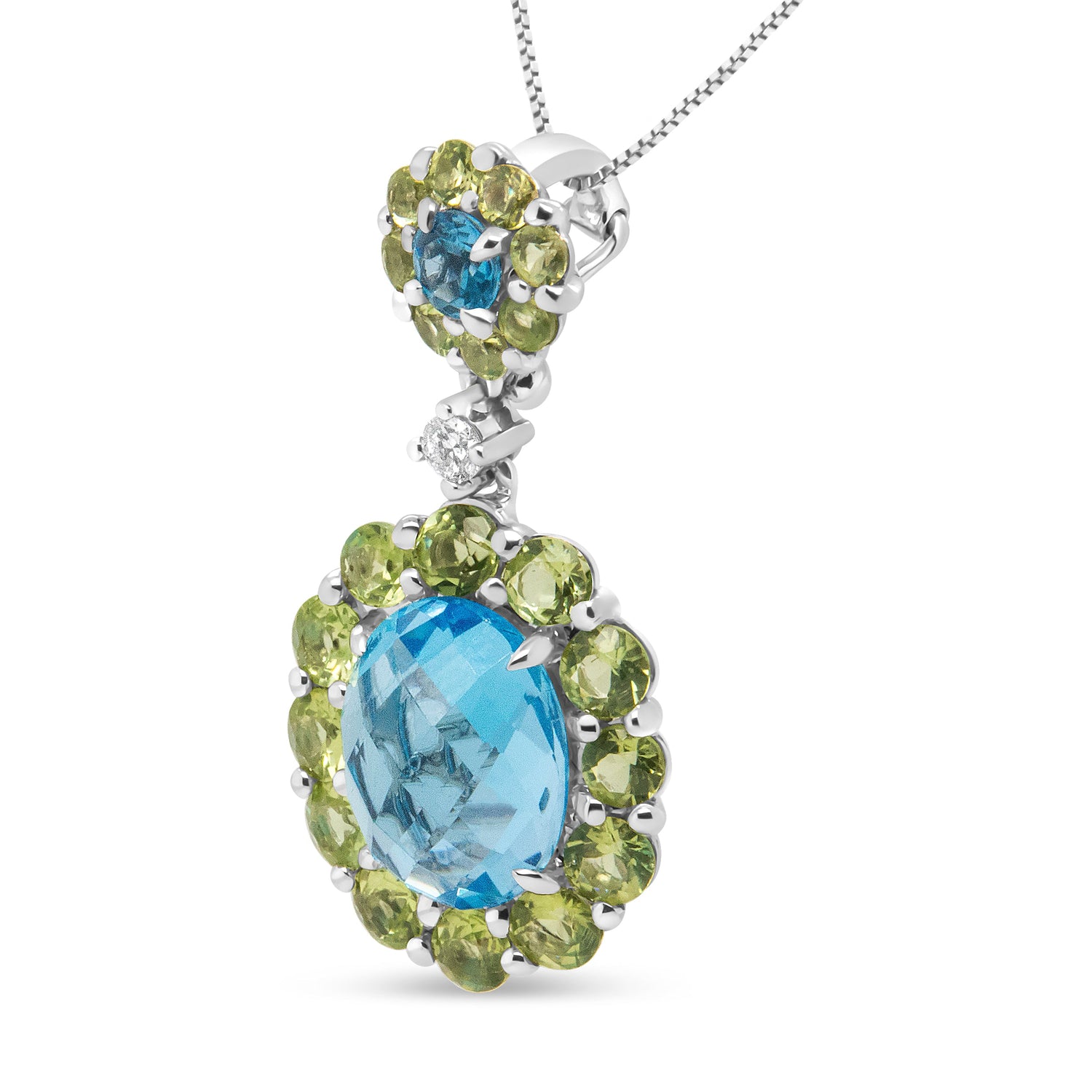 18k White Gold 0.05 Cttw Round Diamond and Blue Topaz and Green Peridot Gemstone Halo Drop 18" Pendant Necklace (F-G Color, VS1-VS2 Clarity) by Bids.com