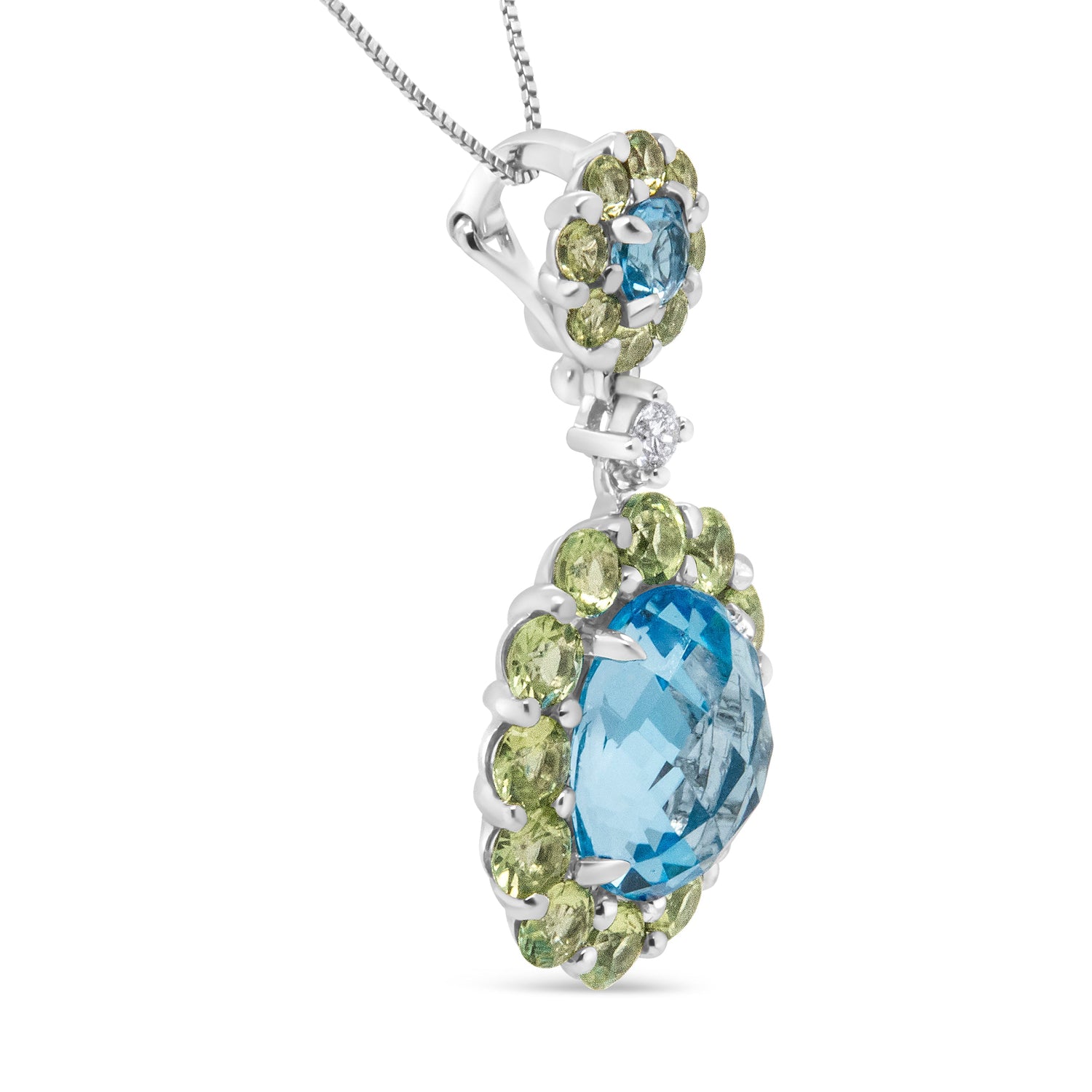 18k White Gold 0.05 Cttw Round Diamond and Blue Topaz and Green Peridot Gemstone Halo Drop 18" Pendant Necklace (F-G Color, VS1-VS2 Clarity) by Bids.com