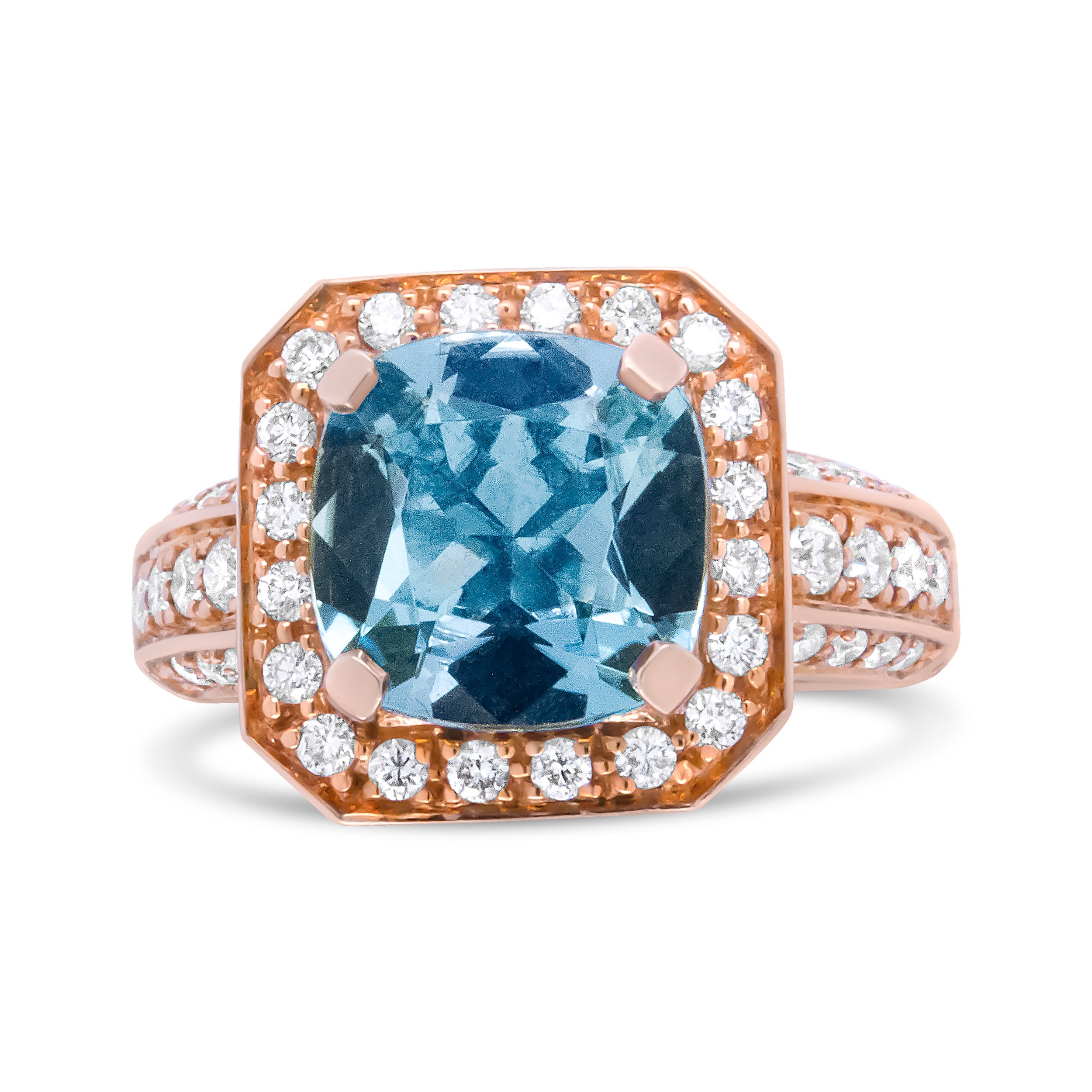 18K Rose Gold 10x10mm Cushion Shaped Aquamarine and 1 1/8 Cttw Round Diamond Halo Ring (F-G Color, VS1-VS2 Clarity) - Ring Size 6.5 by Bids.com