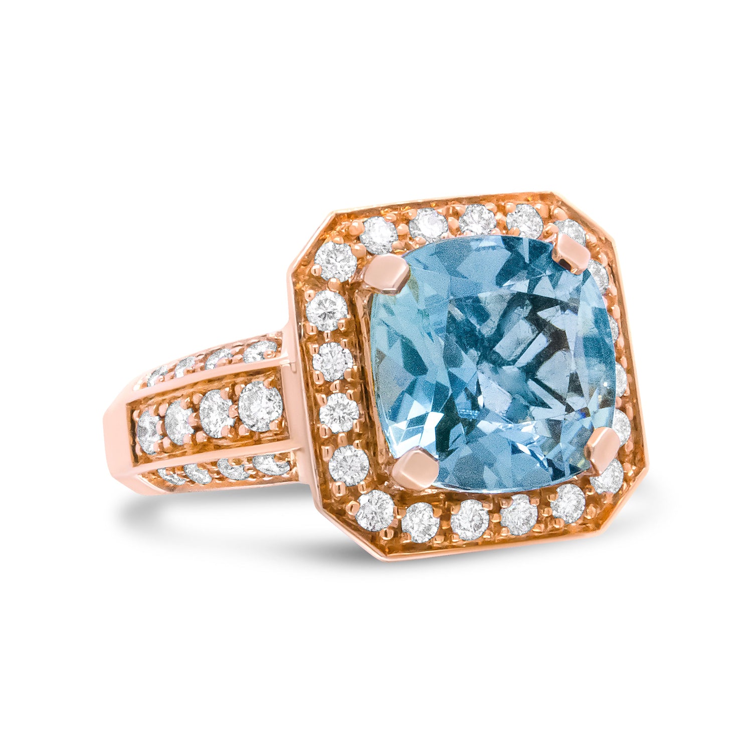 18K Rose Gold 10x10mm Cushion Shaped Aquamarine and 1 1/8 Cttw Round Diamond Halo Ring (F-G Color, VS1-VS2 Clarity) - Ring Size 6.5 by Bids.com