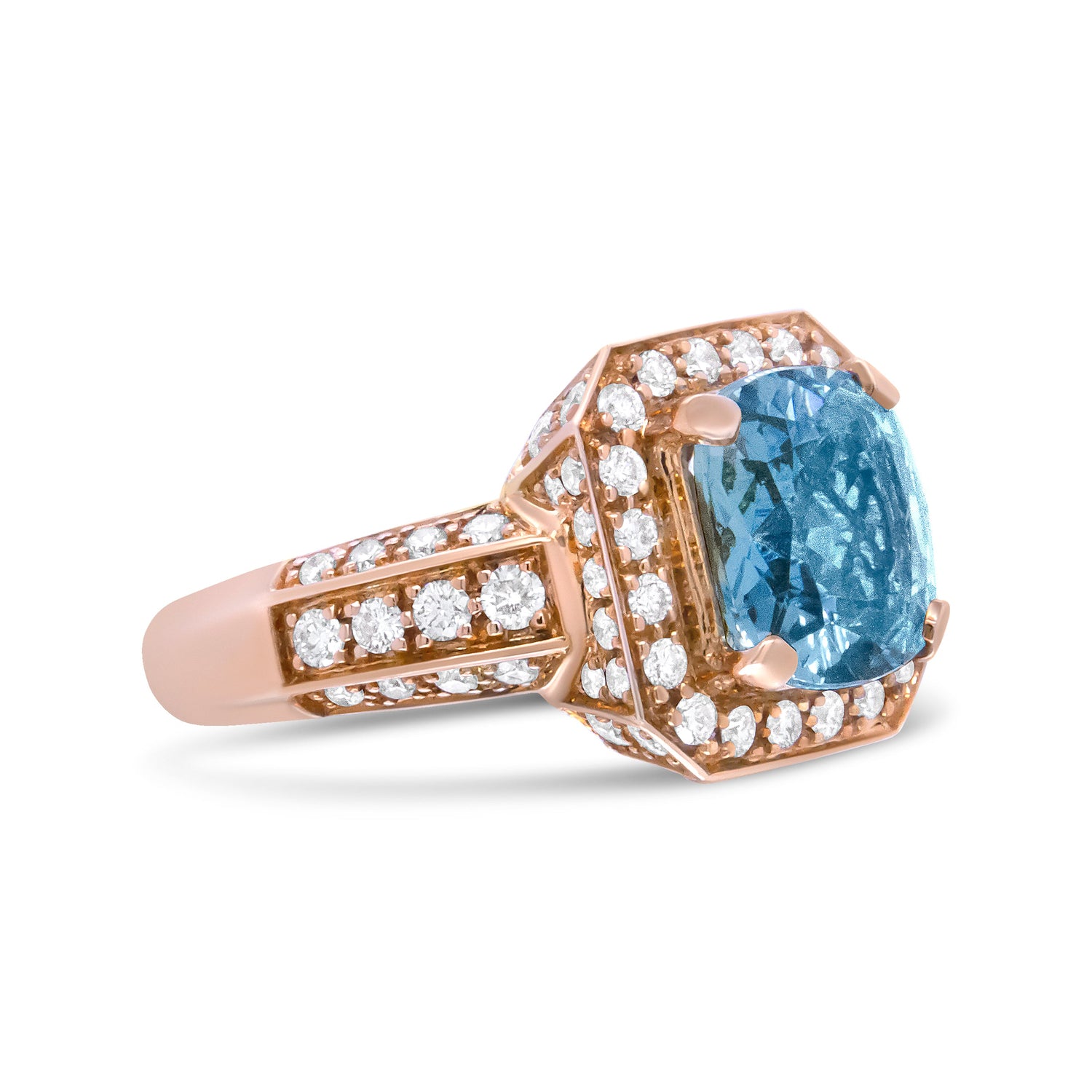 18K Rose Gold 10x10mm Cushion Shaped Aquamarine and 1 1/8 Cttw Round Diamond Halo Ring (F-G Color, VS1-VS2 Clarity) - Ring Size 6.5 by Bids.com