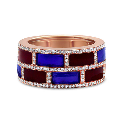 18K Rose Gold Alternating Red and Blue Enamel and 1/2 Cttw Diamond Studded Band Ring (F-G Color, VS1-VS2 Clarity) - Ring Size 7 by Bids.com