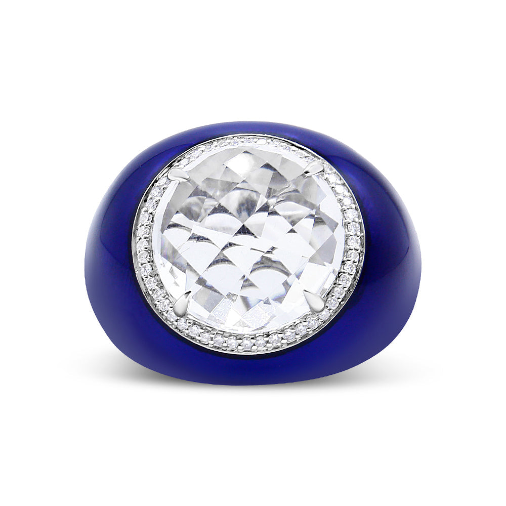18K White Gold 14mm White Quartz and 1/5 Cttw Diamond Halo with Blue Enamel Dome Ring (F-G Color, VS1-VS2 Clarity) - Ring Size 7 by Bids.com
