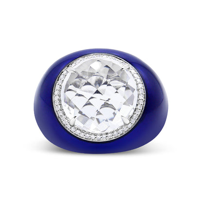 18K White Gold 14mm White Quartz and 1/5 Cttw Diamond Halo with Blue Enamel Dome Ring (F-G Color, VS1-VS2 Clarity) - Ring Size 7 by Bids.com