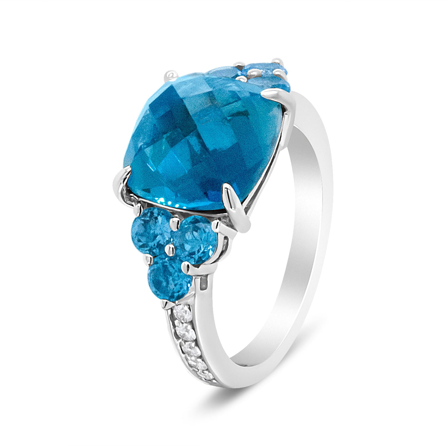 18K White Gold 10mm Cushion Shaped Blue Topaz and 1/6 Cttw Diamond 3 Stone Style Ring (F-G Color, VS1-VS2 Clarity) - Ring Size 6.5 by Bids.com