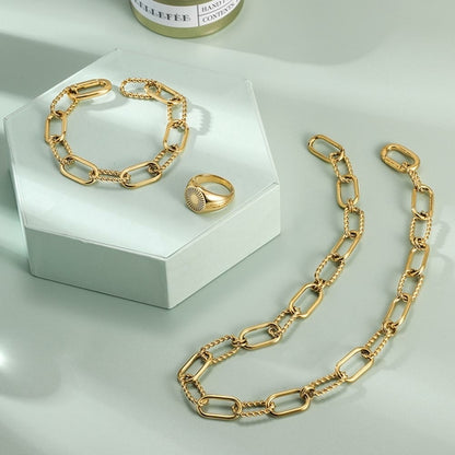 Threader Interlocking Link Jewelry Set - Gold Necklace, Bracelet & Earrings