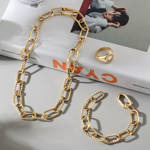 Threader Interlocking Link Jewelry Set - Gold Necklace, Bracelet & Earrings