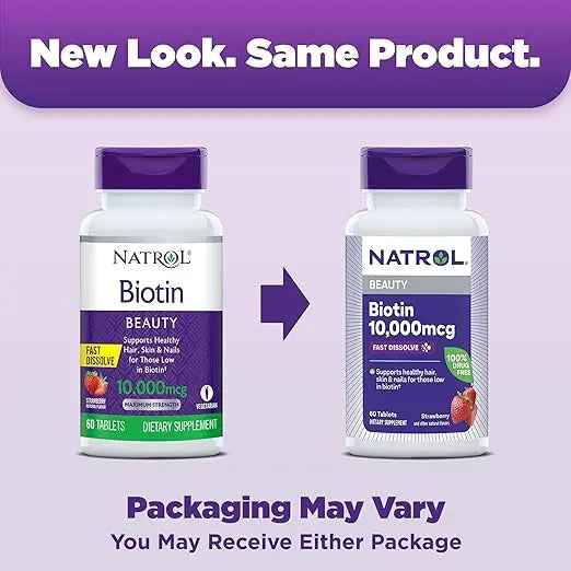Natrol Biotin 10000mcg, 4X Faster Dissolve Supplement for Healthy Hair, Skin and Nails for Those Low in Biotin, Plus Energy Metabolism Support, 60 Tablets, Up to a 60 Day Supply