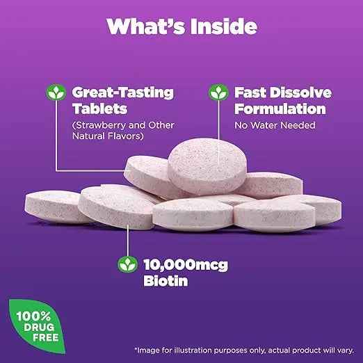 Natrol Biotin 10000mcg, 4X Faster Dissolve Supplement for Healthy Hair, Skin and Nails for Those Low in Biotin, Plus Energy Metabolism Support, 60 Tablets, Up to a 60 Day Supply