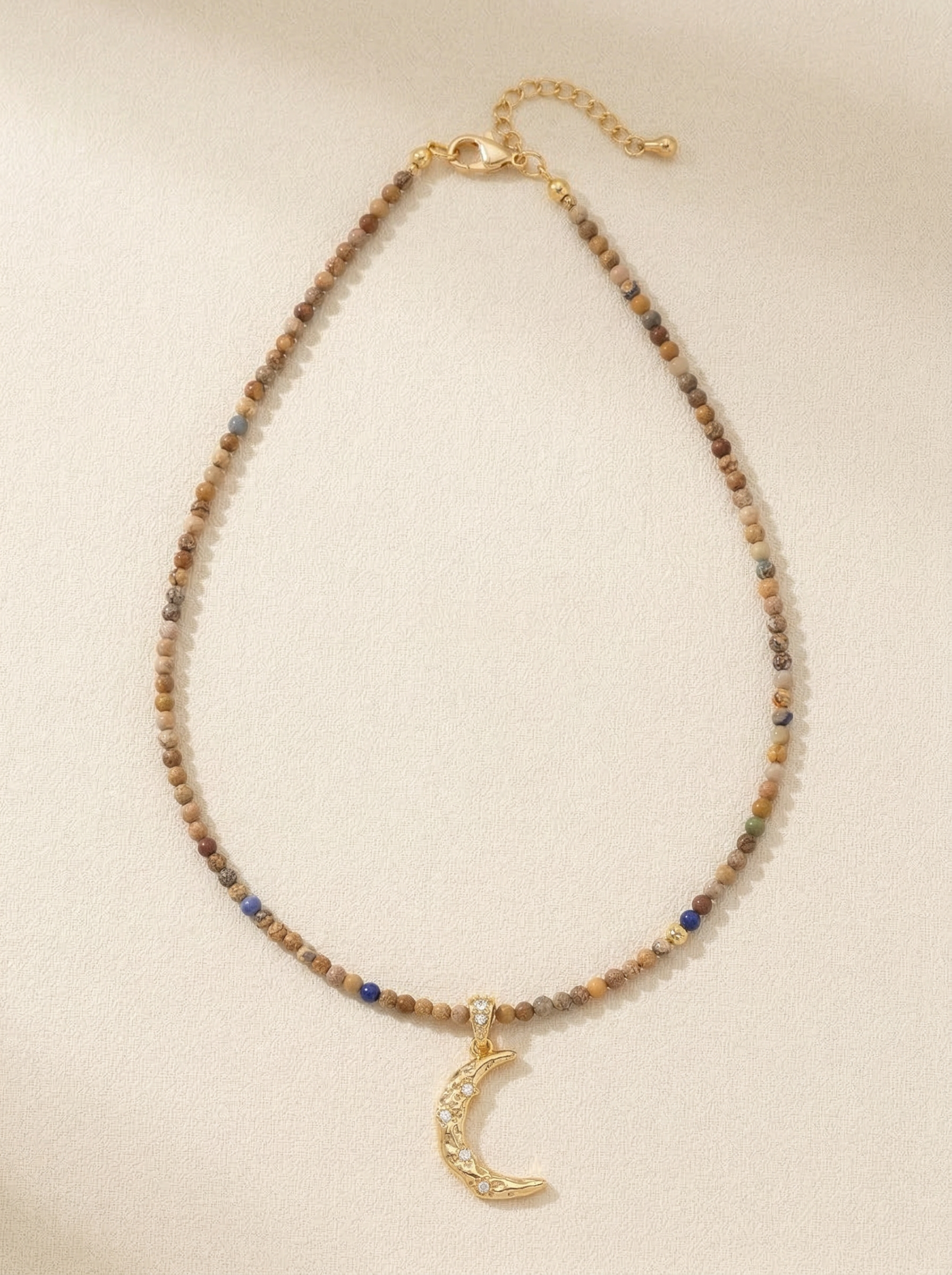 Handmade Natural Stone Beaded Necklace with Moon Pendant by LINTICO