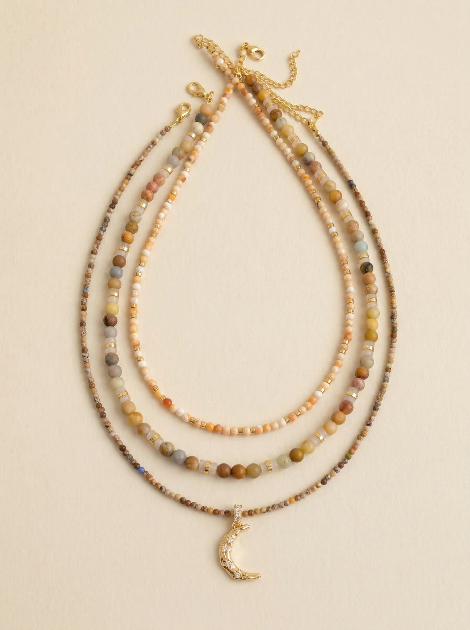 Handmade Natural Stone Beaded Necklace with Moon Pendant by LINTICO