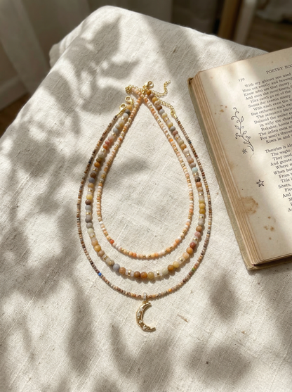 Handmade Natural Stone Beaded Necklace with Moon Pendant by LINTICO