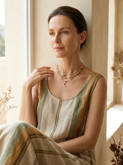 Handmade Natural Stone Beaded Necklace with Moon Pendant by LINTICO