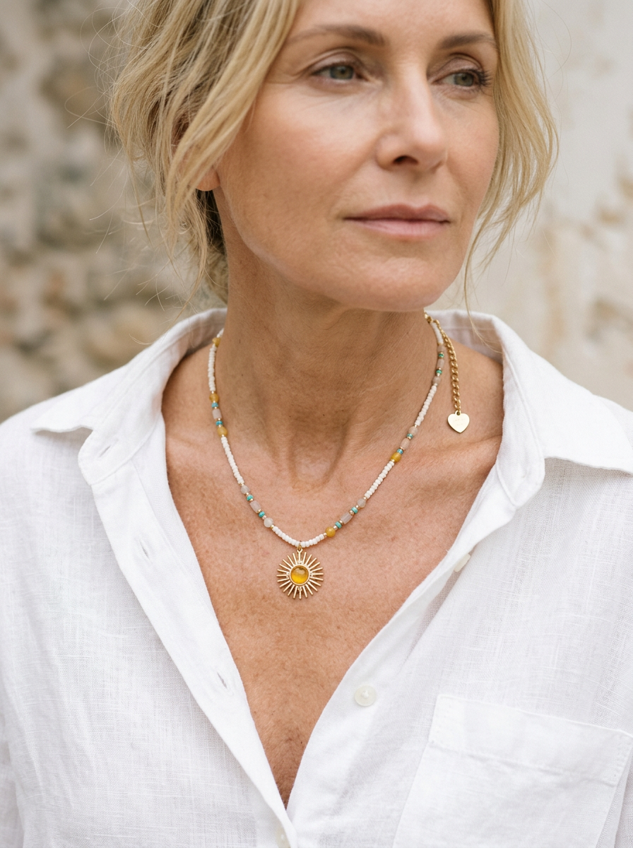 Natural Stone Beaded Necklace with Sun Pendant by LINTICO