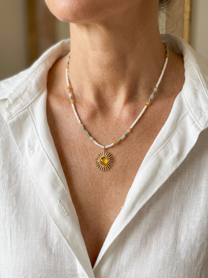 Natural Stone Beaded Necklace with Sun Pendant by LINTICO