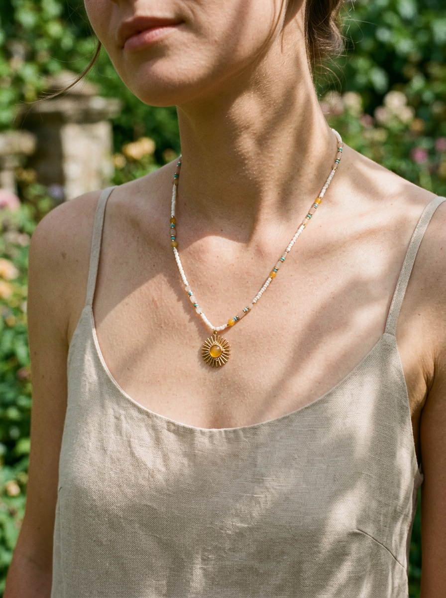 Natural Stone Beaded Necklace with Sun Pendant by LINTICO