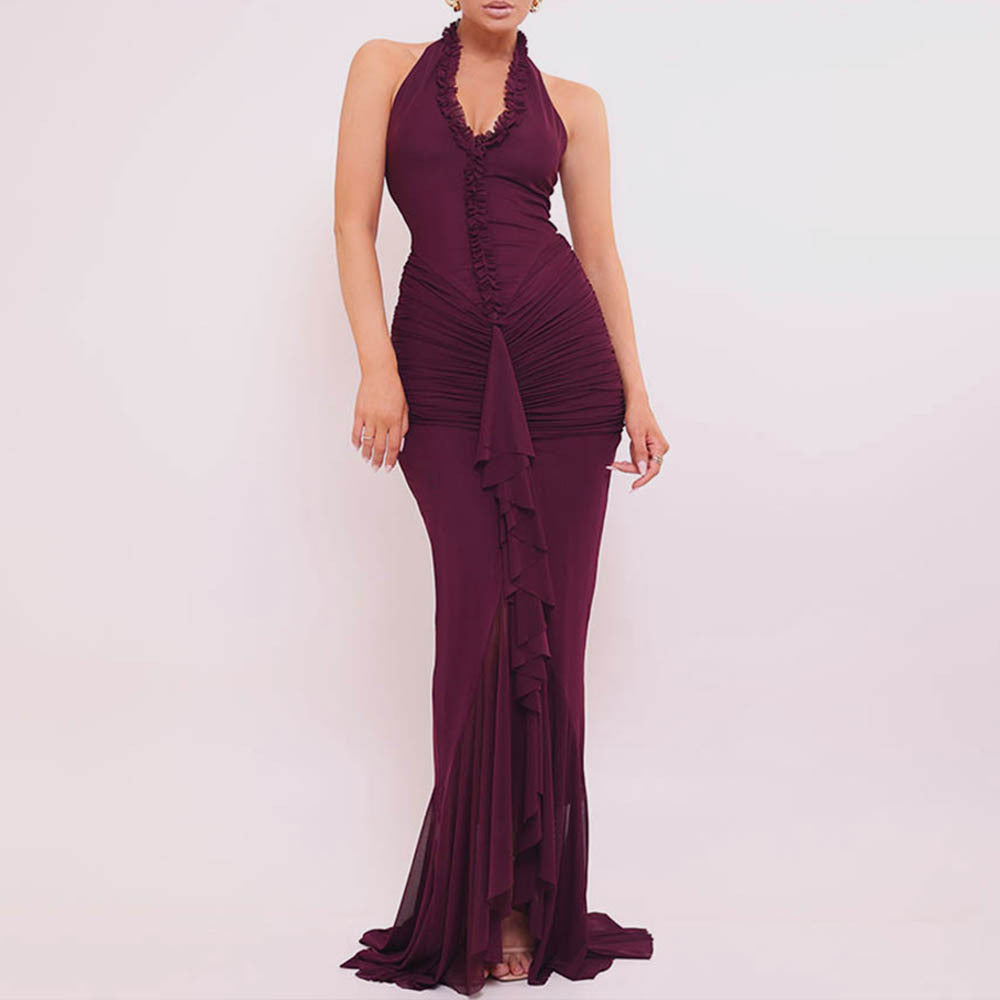 Arrival Sexy Halter Dress Summer Deep V Plunge Ruffled Slit Pleated Dress by Ragazza