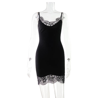Summer Sexy Lace Stitching Sexy Dress Slim Fit Waist Trimming Spaghetti Straps Sheath Solid Color Dress by Ragazza