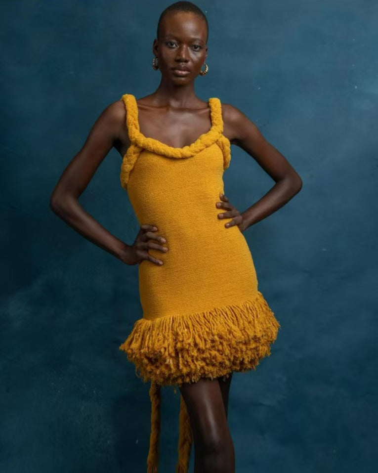 Autumn Winter Hand Woven Twine Rope Shoulder Strap Tassel Dress Swing Short Dress by Ragazza