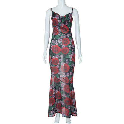 Spring Fashionable Sexy V neck Elegant All Match Slim Fit Long Printed Cami Dress for Women by Ragazza
