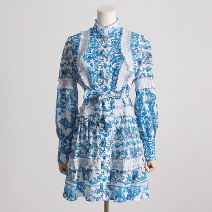 Spring Summer French Stand-up Collar Lace Lace up Waist Controlled Slimming Lantern Sleeves Dress Stitching Short Dress by Ragazza
