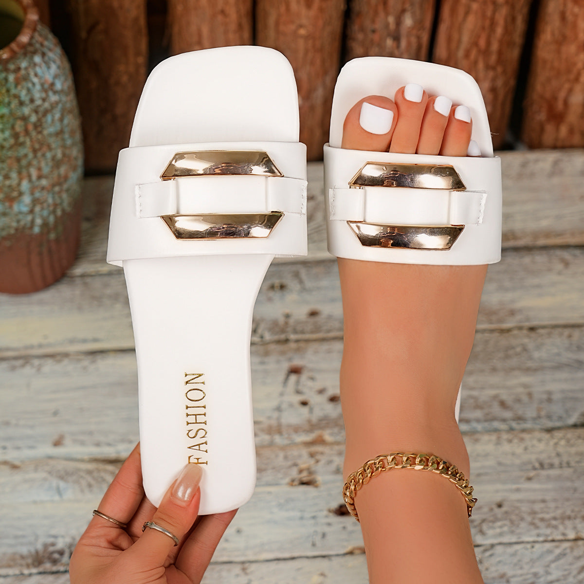 Metal Buckle Flat Slippers Women Square Toe Stylish Lightweight Single Word Beach Slippers