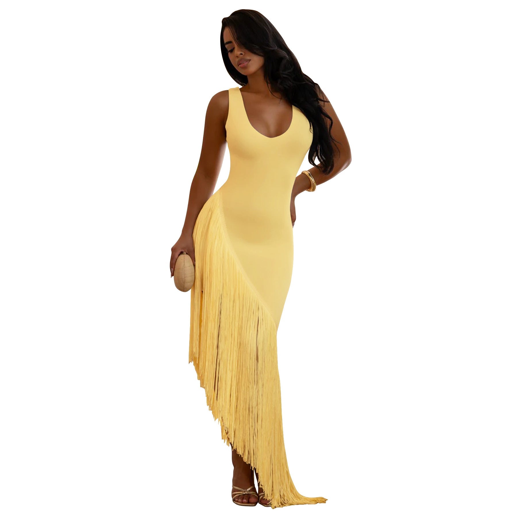 Women Sexy Strap Backless Tassel Stitching U Neck Dress  DestGlow