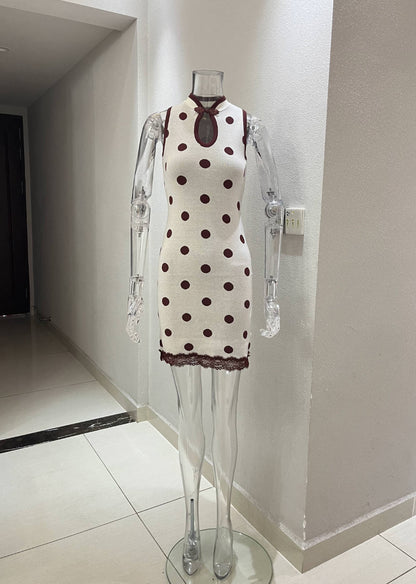Summer Mid Polka Dot Contrast Color Lace Stitching Dress Stand Collar Sleeveless Sexy Casual Shaped Short Dress Women  DestGlow