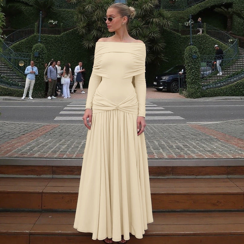 French Women Autumn off Neck Cinched Pleated Long Sleeve Dress by Ragazza