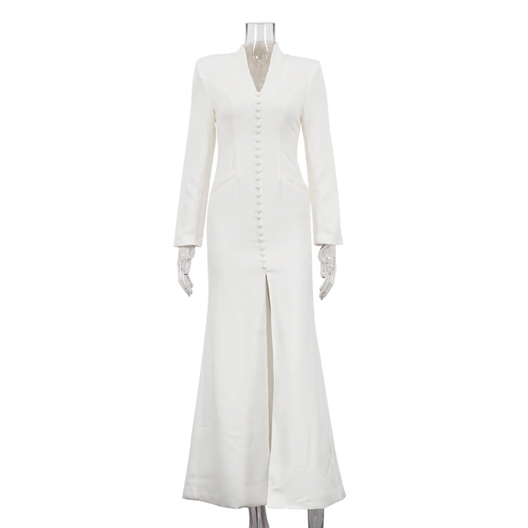V neck Long Sleeve High Waist Split French Dress Women Party Long Dress by Ragazza